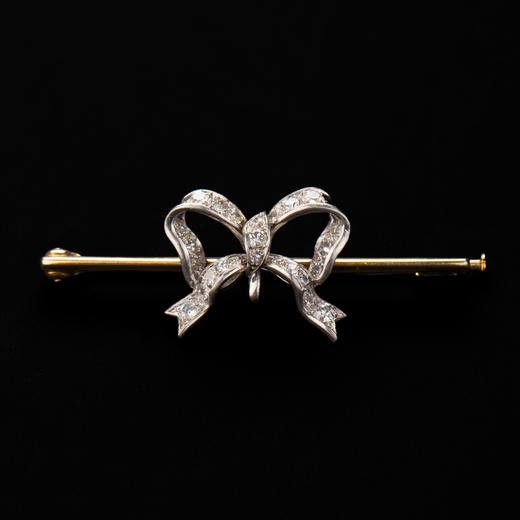独角鹿西洋古董珠宝首饰1900年代黄金白金镶嵌钻石蝴蝶结胸针 商品图0
