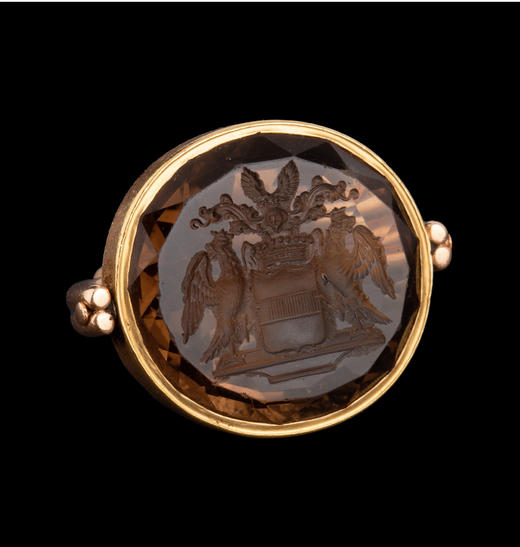 独角鹿西洋古董珠宝俄罗斯14K金镶双头鹰盾徽雕刻烟晶石印章吊坠 商品图4