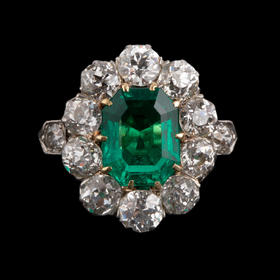 独角鹿西洋古董首饰珠宝法国18K金镶嵌哥伦比亚祖母绿钻石戒指