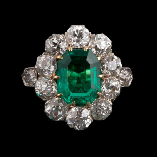 独角鹿西洋古董首饰珠宝法国18K金镶嵌哥伦比亚祖母绿钻石戒指 商品图0