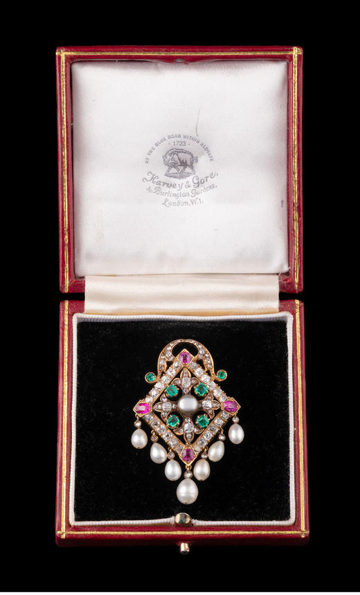 独角鹿西洋古董珠宝欧洲18K金镶红宝石祖母绿钻石天然珍珠胸针 商品图2