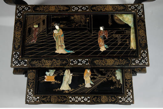 独角鹿西洋古董家具中国黑漆描金硬石镶嵌西厢记主题边桌三套几 商品图3