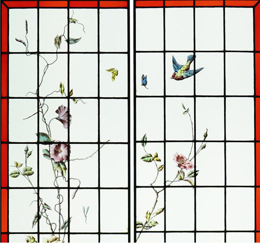 独角鹿西洋古董Hubert Paris工坊花鸟飞蝶水边风景彩绘玻璃花窗 商品图1