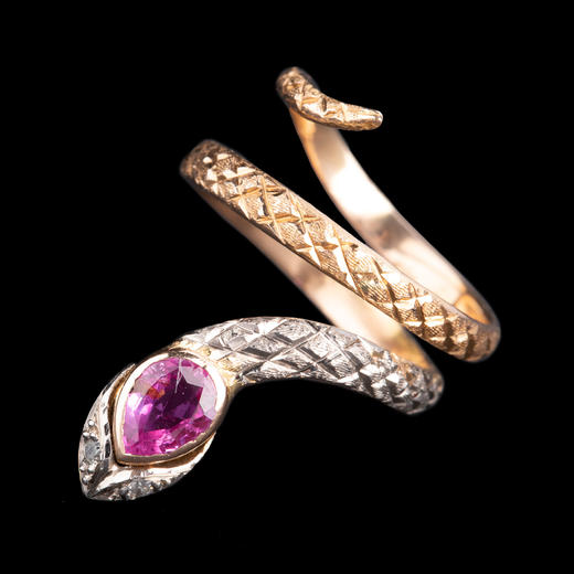 独角鹿西洋古董珠宝首饰20世纪欧洲出品18k金红色宝石蛇形戒指 商品图0