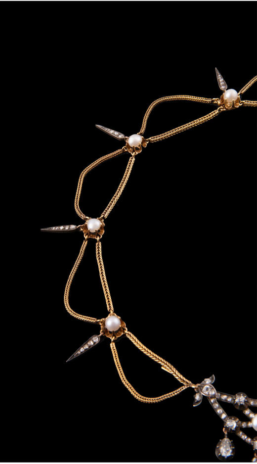 独角鹿西洋古董首饰法国珍珠钻石金银叠打可拆卸垂花帷幔式项链 商品图3