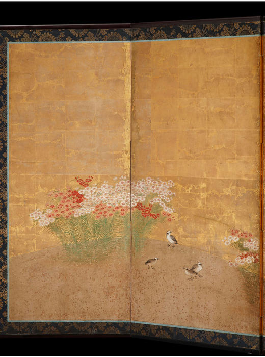 独角鹿西洋古董江户时代狩野派花鸟纸本金叶六曲秋草图日式屏风 商品图1