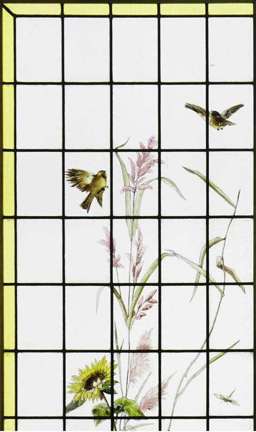 独角鹿西洋古董法国向日葵大丽花水边雀鸟珐琅彩绘玻璃花窗一对 商品图4