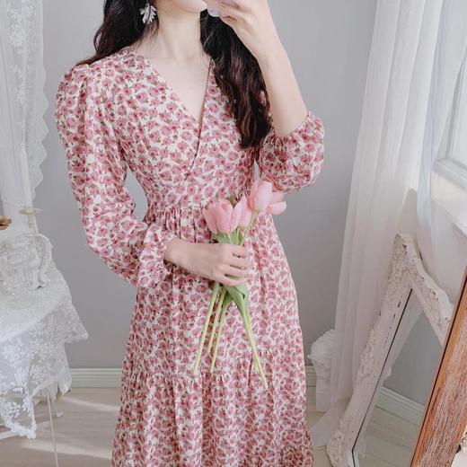 气质显瘦复古粉色花朵高腰V领荷叶边韩版长裙打底裙春秋装印花裙 商品图2