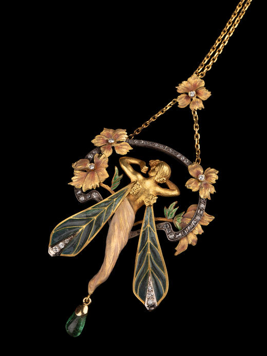 独角鹿西洋古董珠宝名坊18K黄金钻石祖母绿空窗珐琅花卉仙女吊坠 商品图3