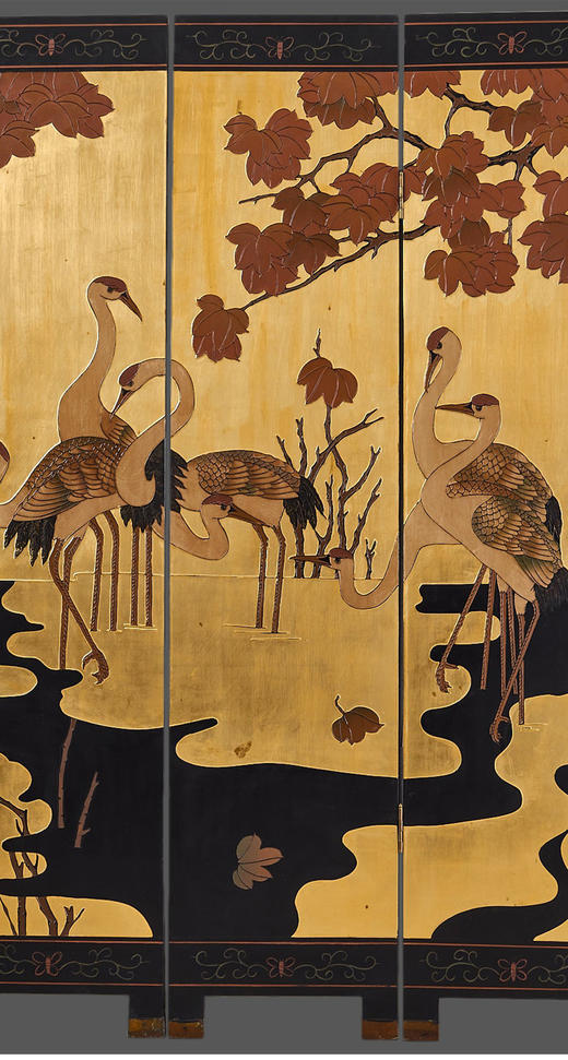 独角鹿西洋古董中国金秋红叶八仙鹤主题款彩雕漆四扇屏风 商品图3