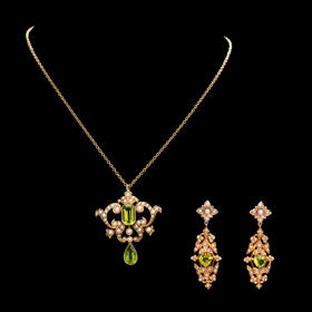 国内现货独角鹿西洋古董珠宝套装爱德华时期橄榄石珍珠项链耳环