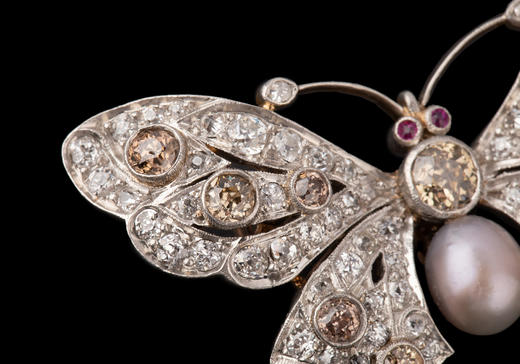独角鹿西洋古董珠宝首饰法国出品红宝石镶嵌天然珍珠蝴蝶造型胸针 商品图3
