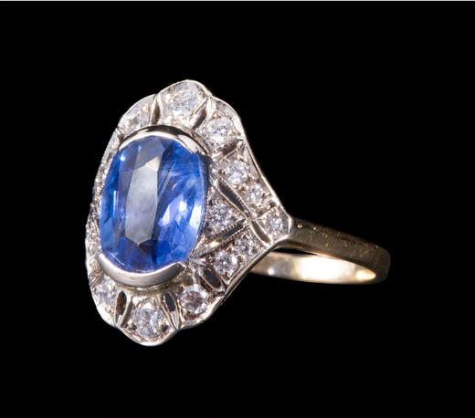 独角鹿西洋古董首饰珠宝18K金镶钻石斯里兰卡蓝宝石戒指女带证书 商品图2