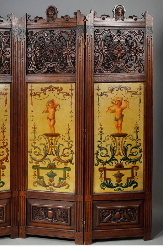 独角鹿西洋古董法国木质雕花边框小天使主题布面手绘四页插屏屏风 商品图4