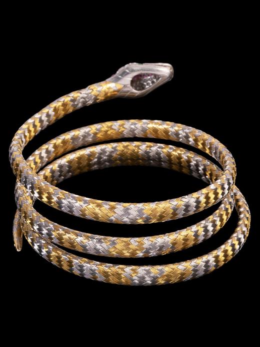 独角鹿西洋古董首饰18K黄白金编镶嵌红宝石钻石沙弗莱石灵蛇手镯 商品图4