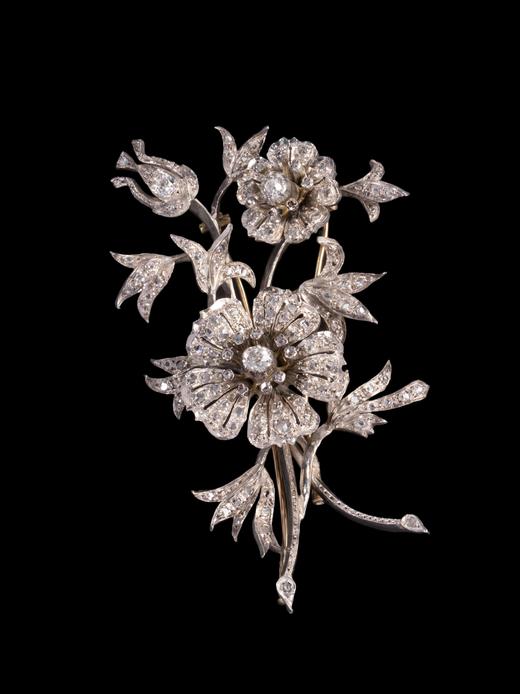 独角鹿西洋古董首饰珠宝18K黄金纯银镶嵌钻石花束造型颤动式胸针 商品图0