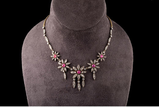 独角鹿西洋古董首饰欧洲vintage珠宝纯银及18K金镶钻石红宝石项链 商品图2