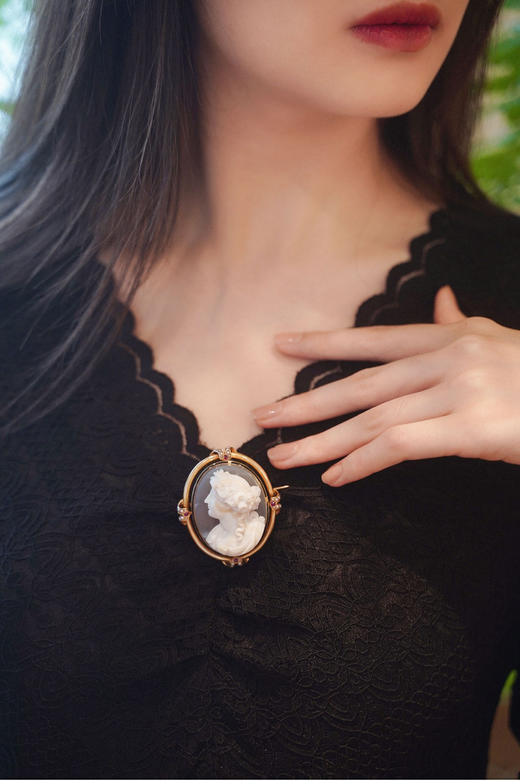 独角鹿西洋古董首饰18k金镶嵌玛瑙野生珍珠浮雕Cameo卡梅奥胸针 商品图4