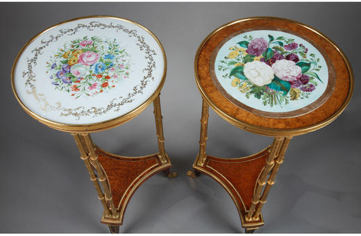 独角鹿西洋古董家具法国工坊签名陶瓷彩绘双层三足式小圆桌一对 商品图2