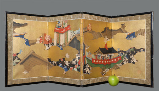 独角鹿西洋古董日本明治时期云金祗园祭图绘纸本金地四曲插屏屏风 商品图1