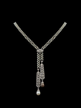 独角鹿西洋古董首饰铂金镶钻石天然海水珍珠Négligée款式项链