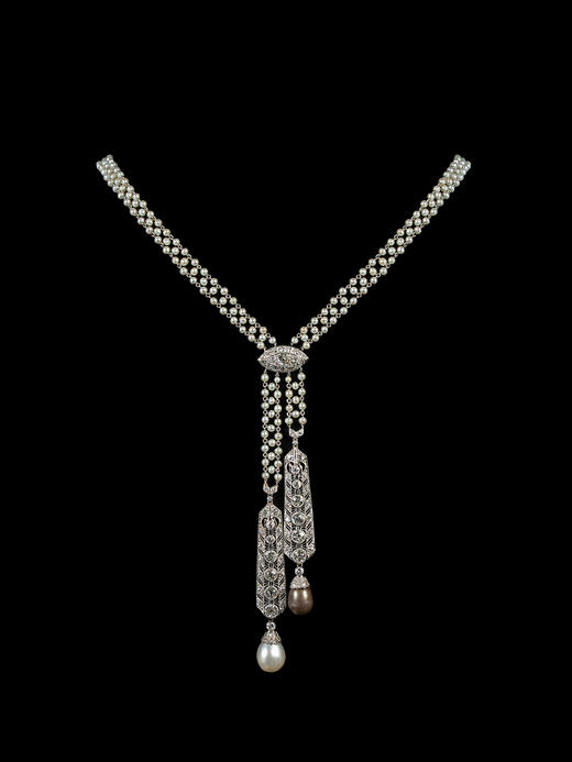 独角鹿西洋古董首饰铂金镶钻石天然海水珍珠Négligée款式项链 商品图0