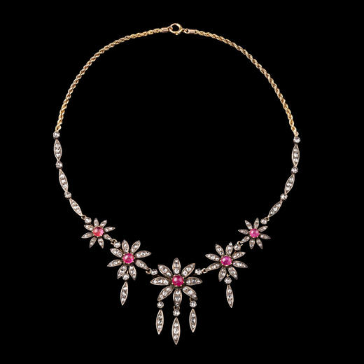 独角鹿西洋古董首饰欧洲vintage珠宝纯银及18K金镶钻石红宝石项链 商品图0