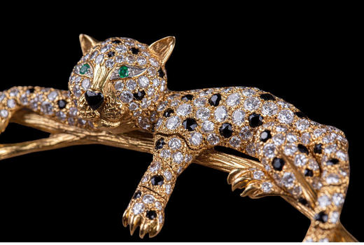 独角鹿西洋古董珠宝首饰法国18K金镶嵌钻石祖母绿花豹造型胸针 商品图3
