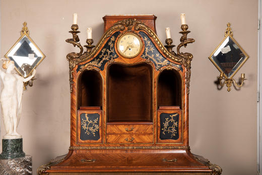 独角鹿西洋古董19世纪末比利时Rosel漆面玫瑰木带钟边柜立柜 商品图3