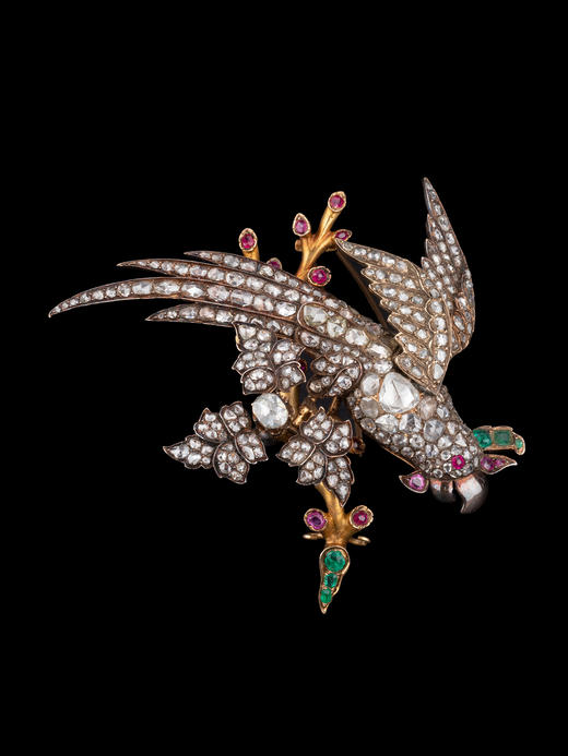 独角鹿西洋古董珠宝首饰黄金纯银镶钻石红宝石祖母绿鹦鹉造型胸针 商品图0