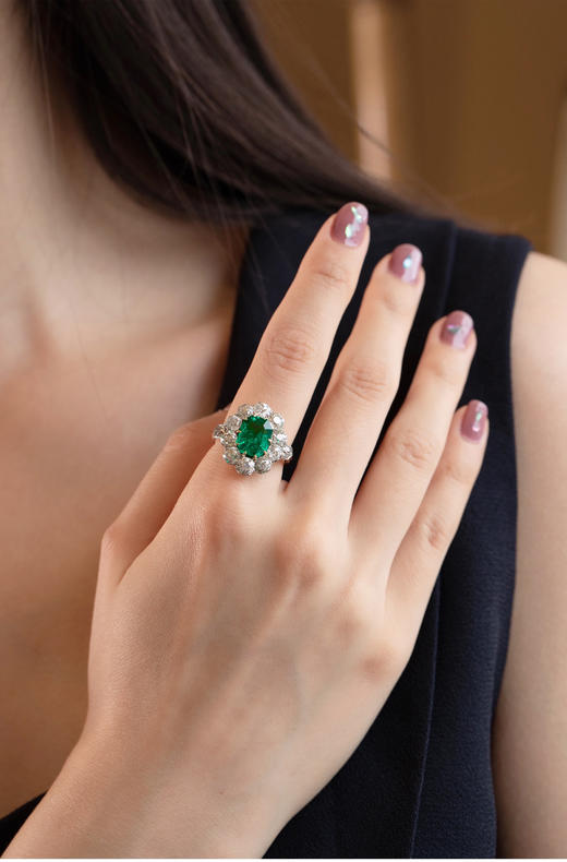 独角鹿西洋古董首饰珠宝法国18K金镶嵌哥伦比亚祖母绿钻石戒指 商品图1