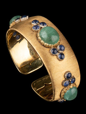 独角鹿西洋古董珠宝首饰意大利布契拉提18K金镶蓝宝石祖母绿手镯