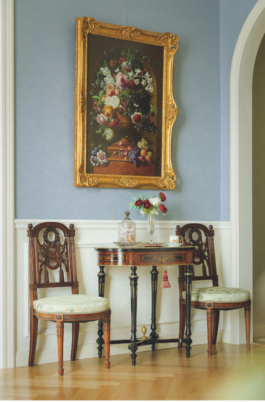 独角鹿西洋古董家具法国路易十六风胡桃木精雕提花缎面座椅一对 商品图1