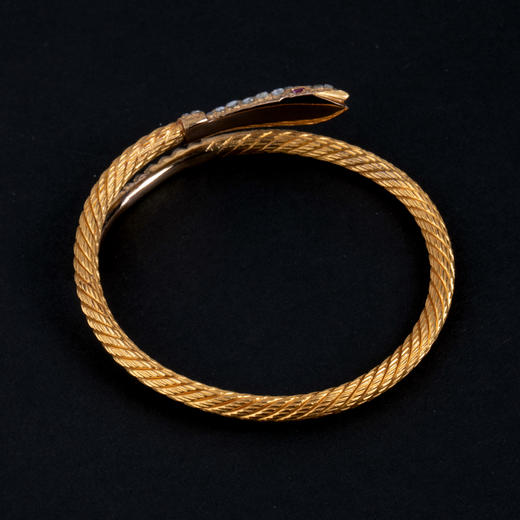 独角鹿西洋古董首饰20世纪初西班牙黄金镶嵌钻石红宝石蛇形手镯 商品图4