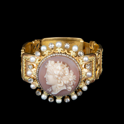 独角鹿西洋古董18K金镶嵌珍珠钻石玛瑙浮雕卡梅奥cameo手镯手链 商品图0