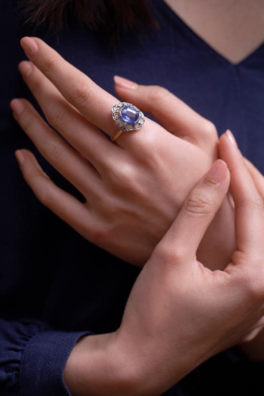 独角鹿西洋古董首饰珠宝18K金镶钻石斯里兰卡蓝宝石戒指女带证书 商品图1