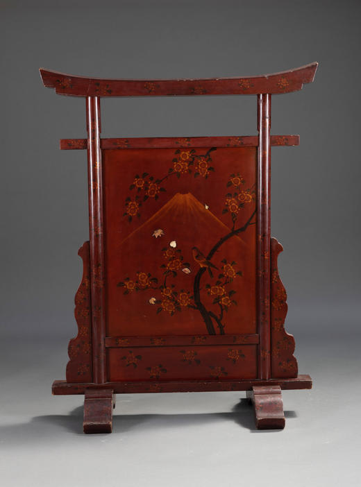 独角鹿西洋古董中国出品雄鹰主题红黑双色漆木骨雕桌屏插屏屏风 商品图3