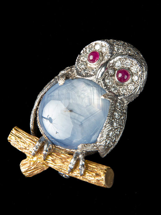 独角鹿西洋古董英国珠宝工坊金铂金镶蓝宝石红宝石钻石猫头鹰胸针 商品图3