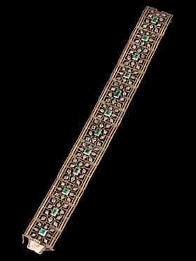 独角鹿西洋古董珠宝首饰意大利布契拉提金银镂雕镶祖母绿钻石手镯