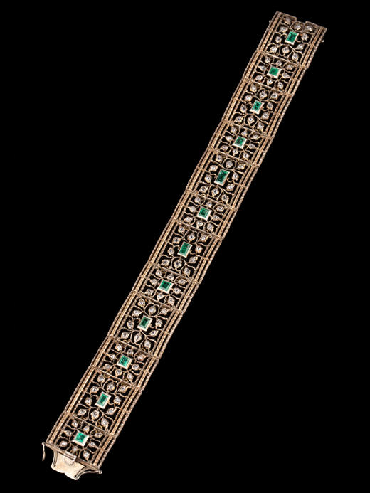 独角鹿西洋古董珠宝首饰意大利布契拉提金银镂雕镶祖母绿钻石手镯 商品图0