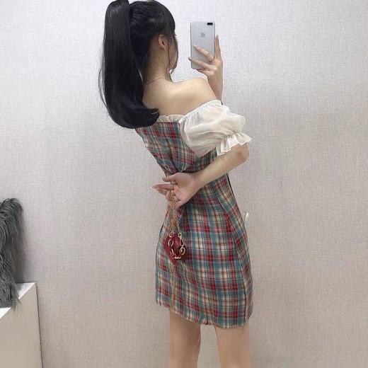 2022夏季新款少女风格子泡泡袖旗袍蝴蝶装饰修身显瘦一字肩连衣裙 商品图6