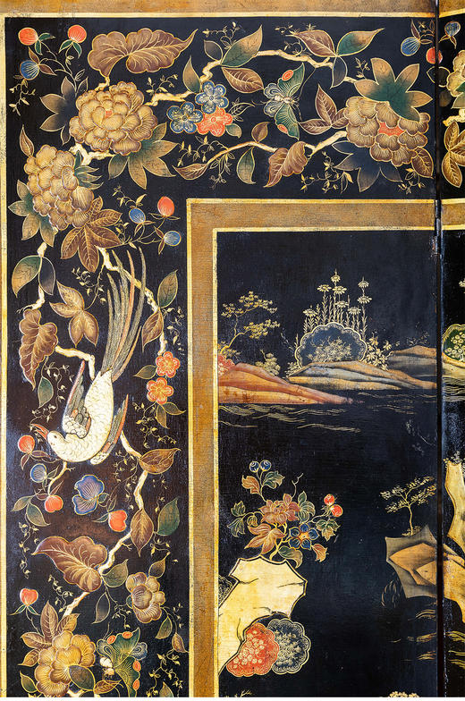 独角鹿西洋古董法国东方风格黑地五彩漆器山水亭台人物六扇屏风 商品图2