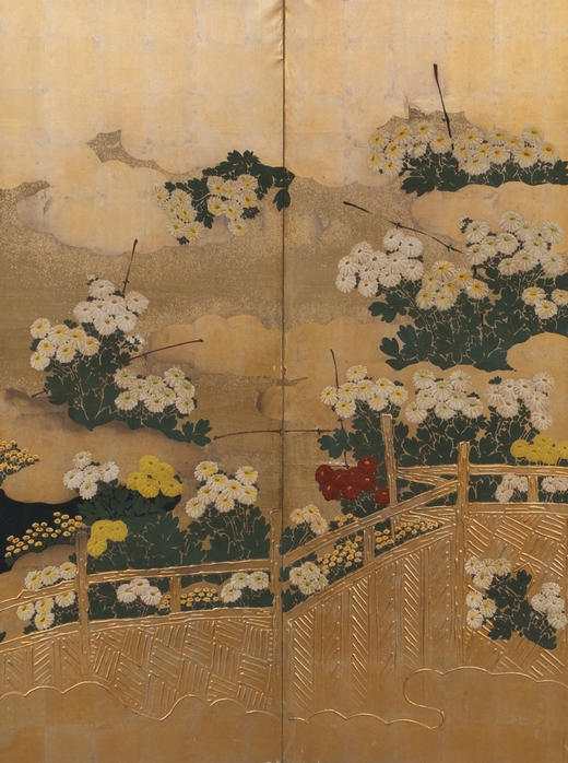 独角鹿西洋古董江户时期琳派风格纸本金地菊园竞卉主题六曲屏风 商品图3