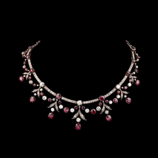 独角鹿西洋古董珠宝首饰18k黄金底纯银镶嵌石榴石红宝石钻石项链 商品图0