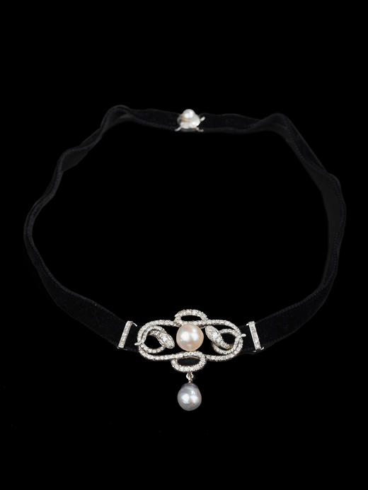 独角鹿西洋古董珠宝首饰法国18k白金镶嵌钻石珍珠灵蛇造型颈链 商品图2