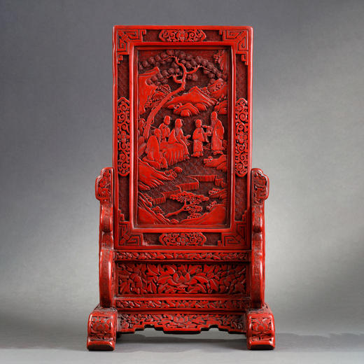 独角鹿西洋古董摆件中国晚清时期仙人会棋主题剔红雕漆插屏屏风 商品图0