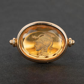 独角鹿西洋古董首饰珠宝法国18K金镶嵌黄水晶古典人像印章吊坠