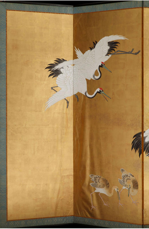 独角鹿西洋古董江户时代画师狩野派群鹤图纸本金叶六曲屏风日式 商品图3