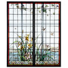 独角鹿西洋古董法国新艺术时期水岸鸢尾雀鸟主题彩绘玻璃花窗一对 商品缩略图0