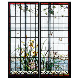 独角鹿西洋古董法国新艺术时期水岸鸢尾雀鸟主题彩绘玻璃花窗一对
